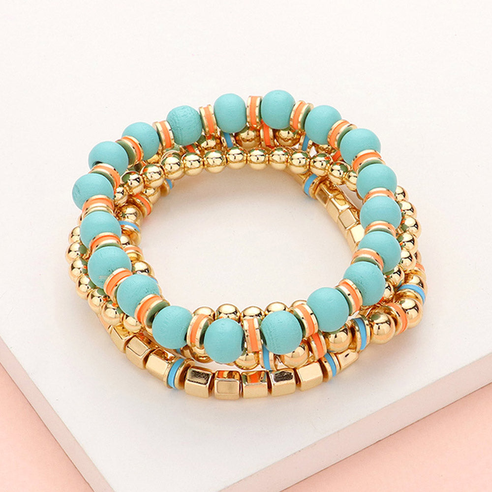 Madeline Love Turquoise 4PCS - Wood Ball Metal Beaded Stretch Bracelets
