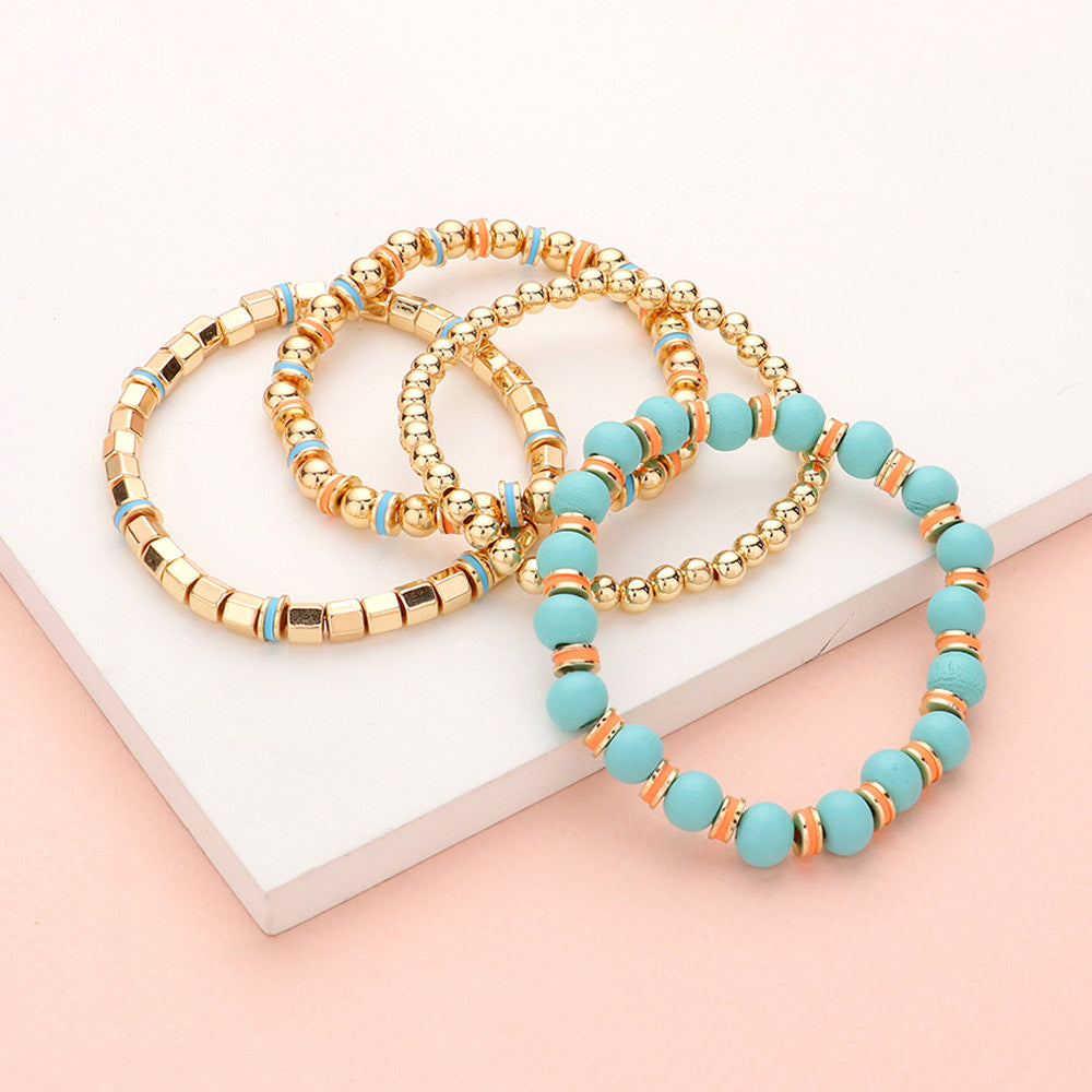 Madeline Love Turquoise 4PCS - Wood Ball Metal Beaded Stretch Bracelets - desc
