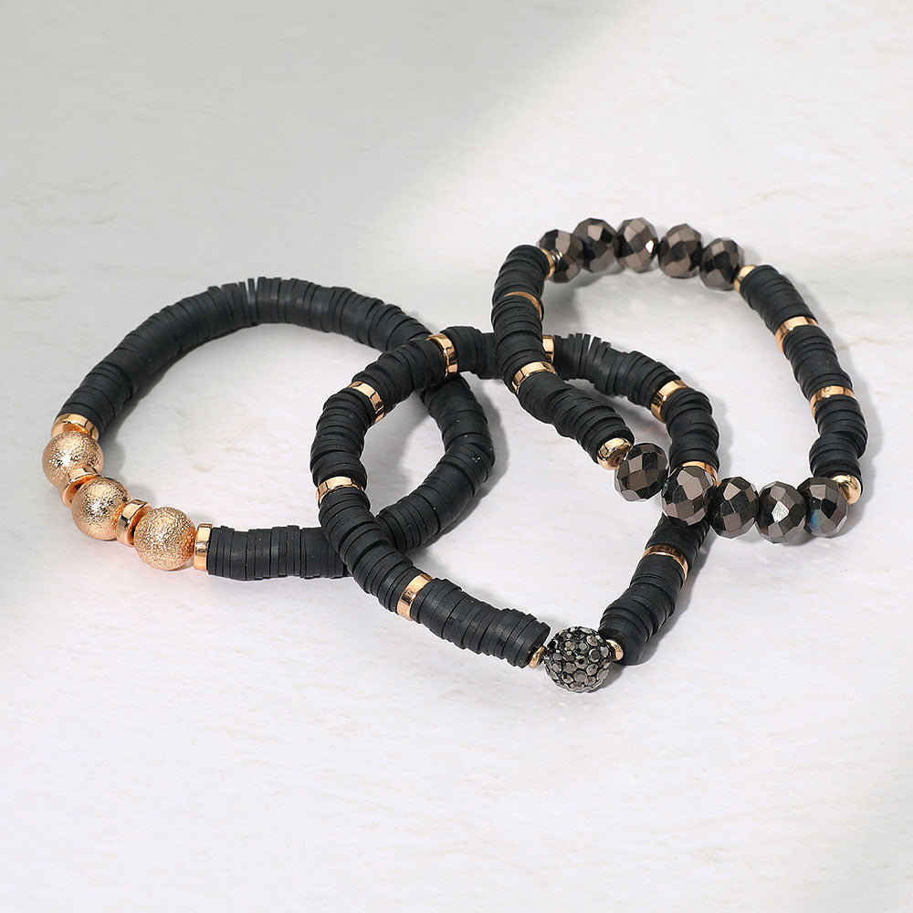 Madeline Love Black 3PCS - Faceted Beads Heishi Beaded Stretch Multi Layered Bracelets - desc