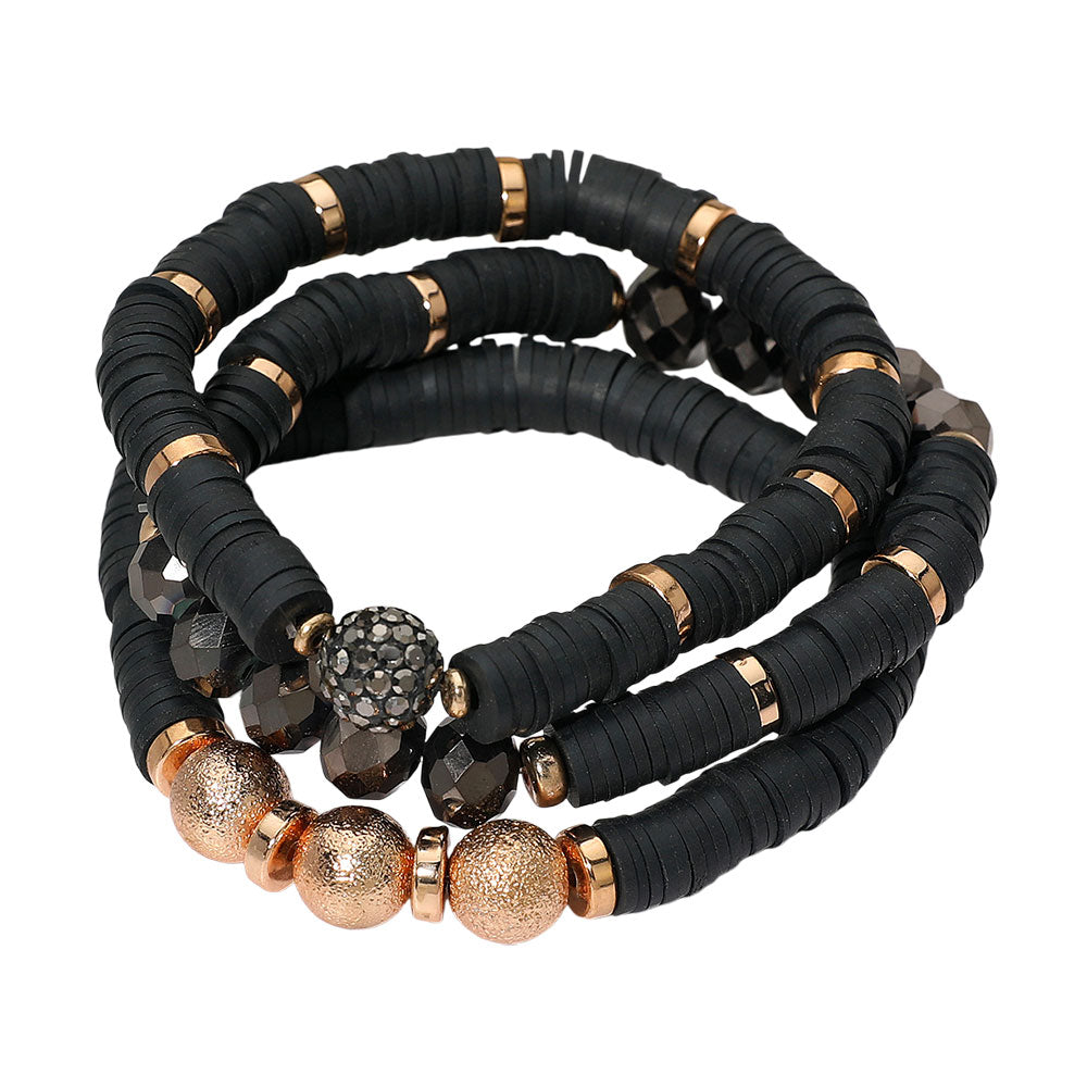 Madeline Love Black 3PCS - Faceted Beads Heishi Beaded Stretch Multi Layered Bracelets - extra