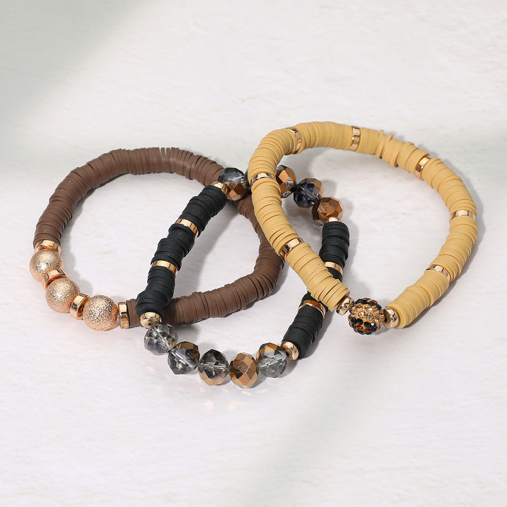 Madeline Love Brown 3PCS - Faceted Beads Heishi Beaded Stretch Multi Layered Bracelets - desc