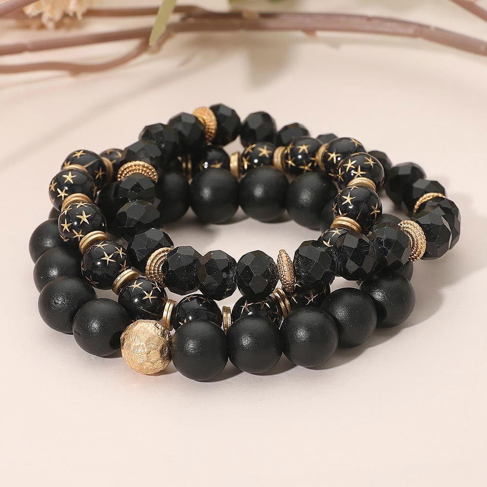 Madeline Love Black 3PCS - Stackable Wooden Faceted Beaded Stretch Multi Layered Bracelets