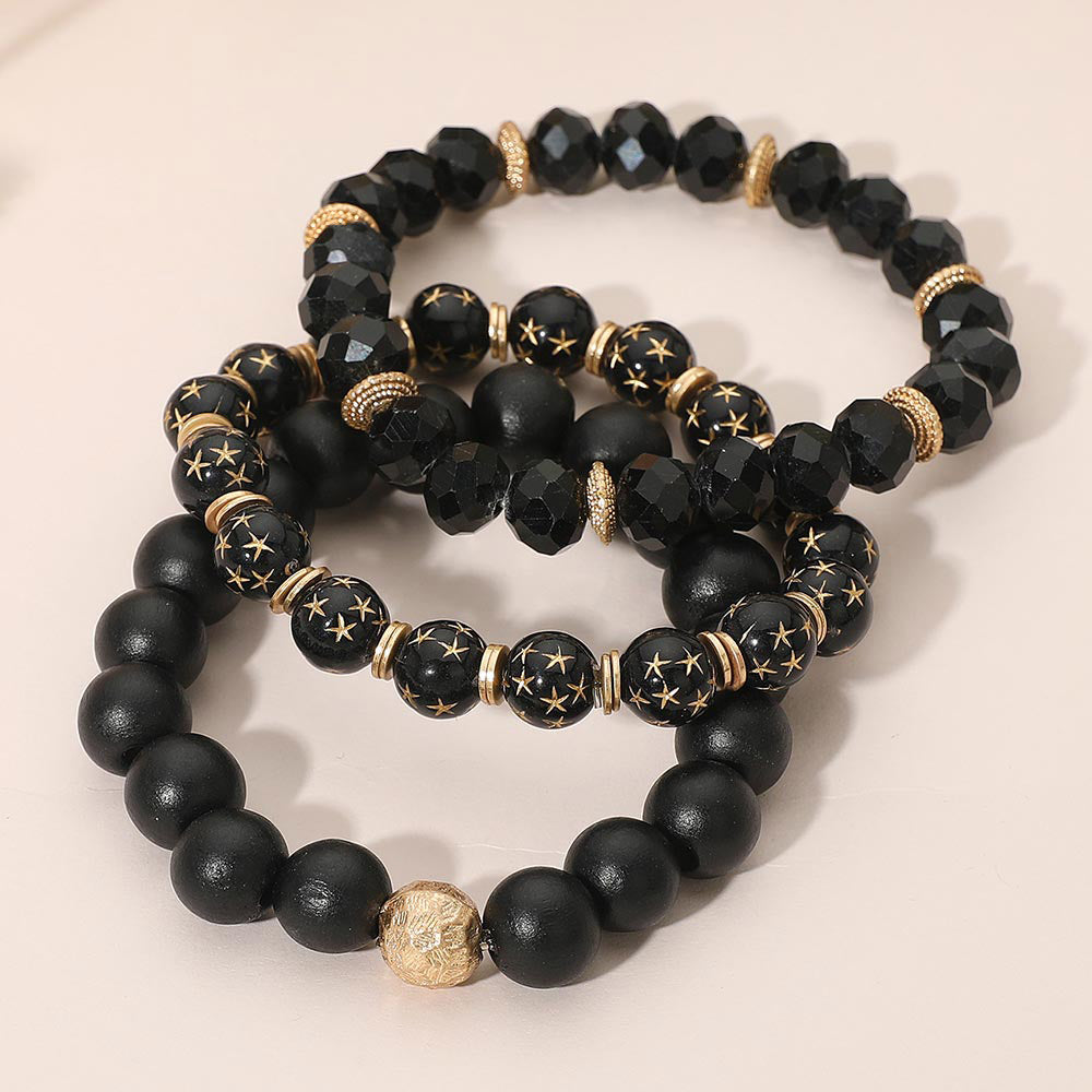 Madeline Love Black 3PCS - Stackable Wooden Faceted Beaded Stretch Multi Layered Bracelets - desc