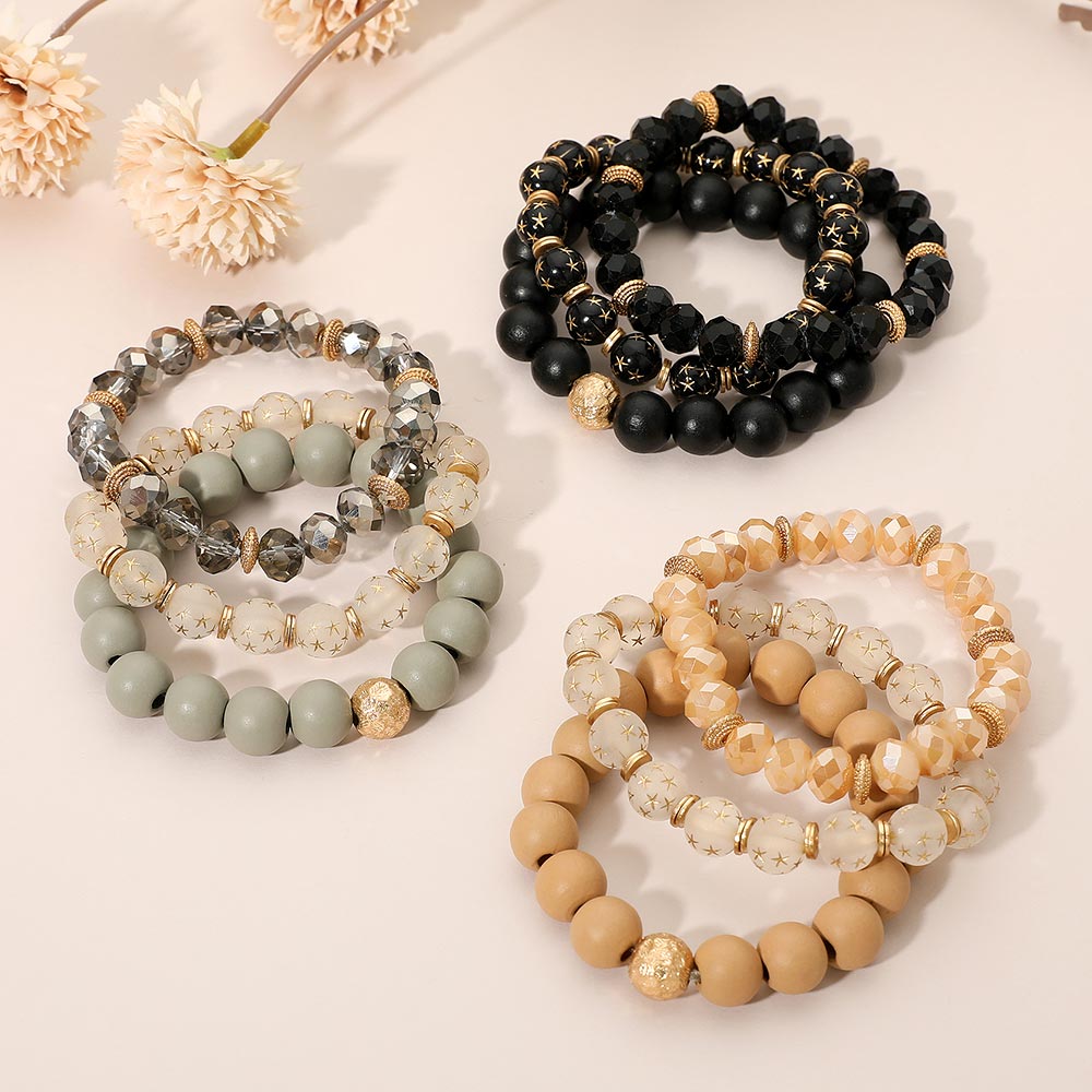 Madeline Love Black 3PCS - Stackable Wooden Faceted Beaded Stretch Multi Layered Bracelets - extra