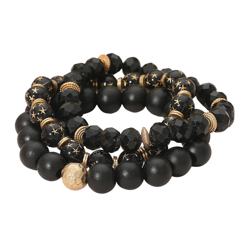Madeline Love Black 3PCS - Stackable Wooden Faceted Beaded Stretch Multi Layered Bracelets - extra