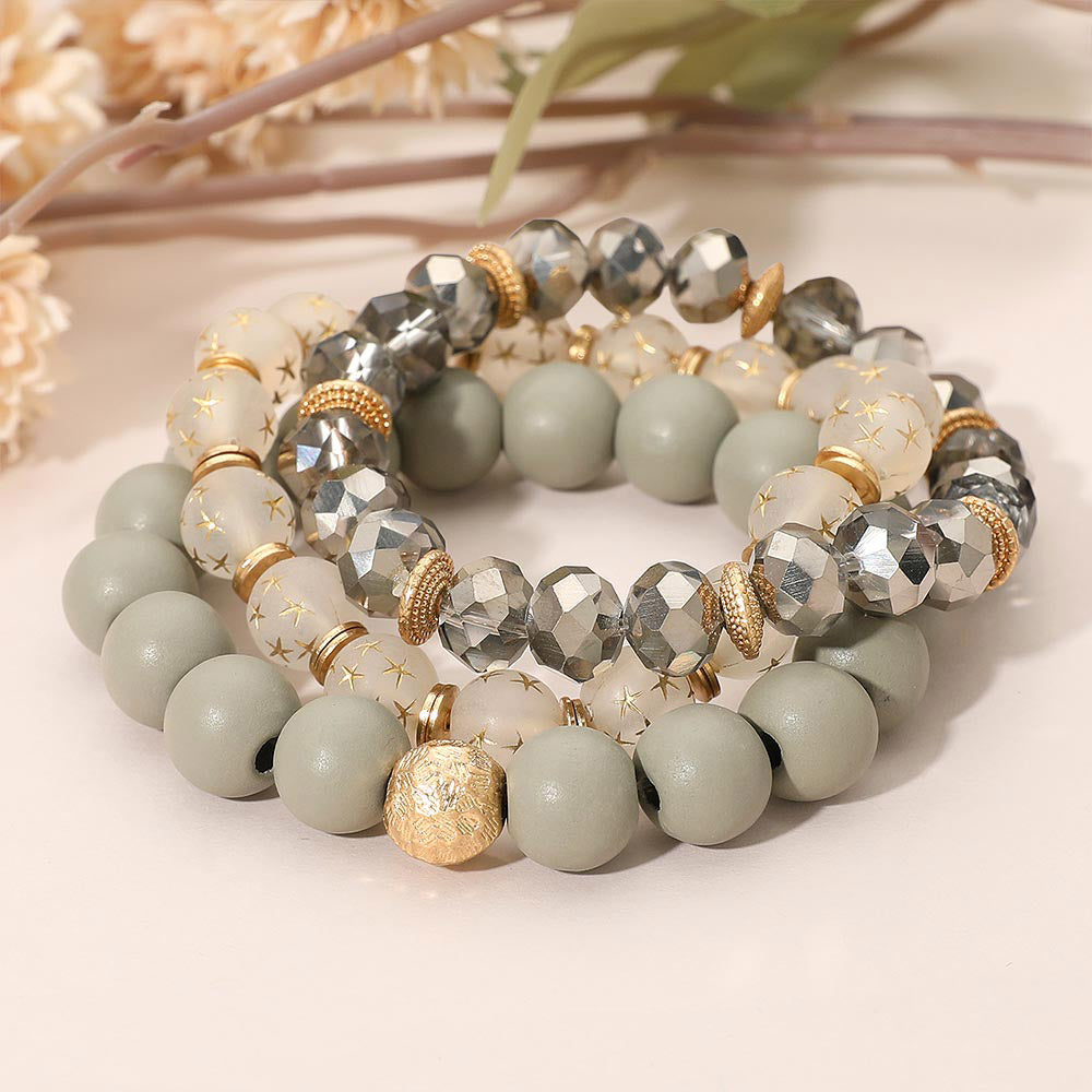 Madeline Love Gray 3PCS - Stackable Wooden Faceted Beaded Stretch Multi Layered Bracelets