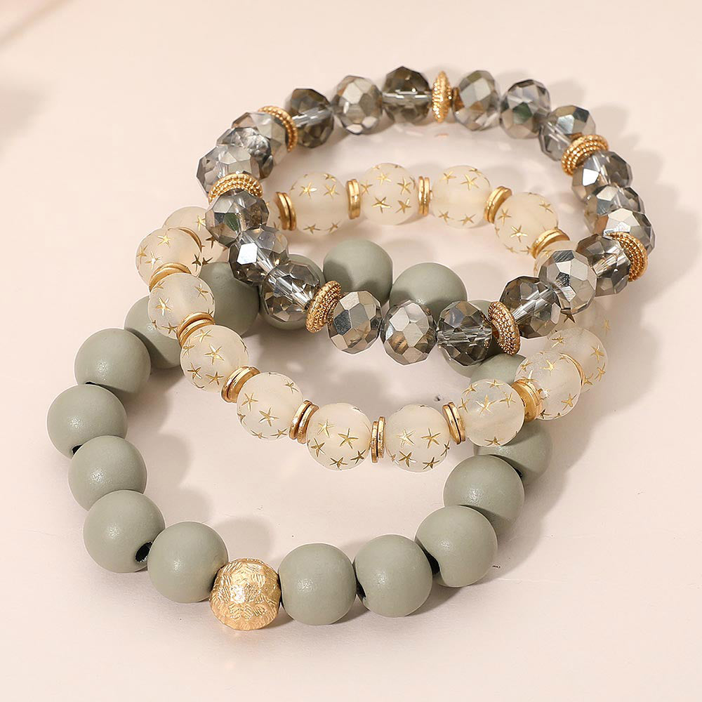 Madeline Love Gray 3PCS - Stackable Wooden Faceted Beaded Stretch Multi Layered Bracelets - desc