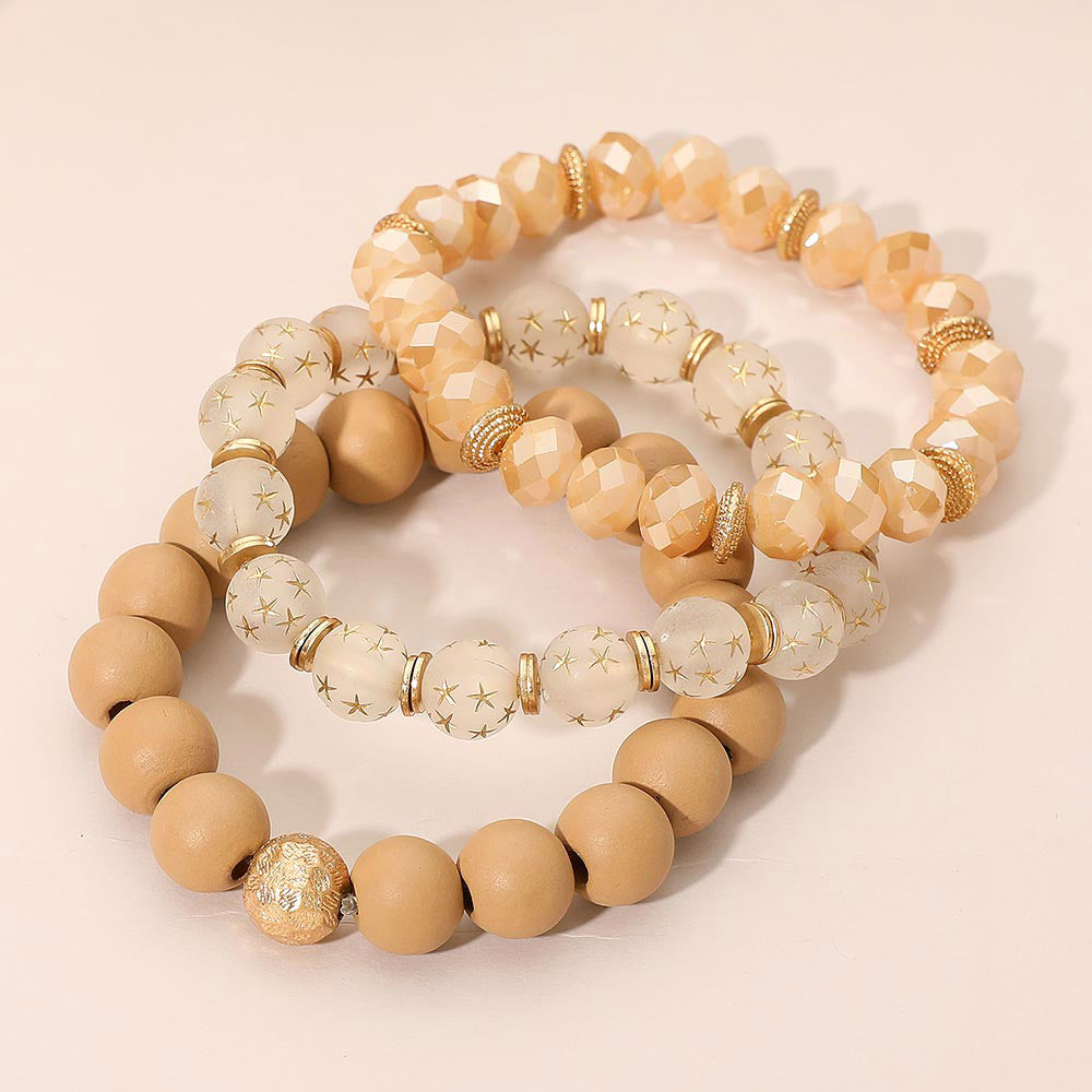 Madeline Love Neutral 3PCS - Stackable Wooden Faceted Beaded Stretch Multi Layered Bracelets - desc