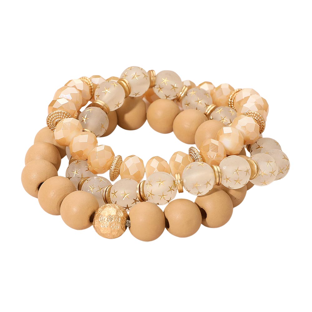 Madeline Love Neutral 3PCS - Stackable Wooden Faceted Beaded Stretch Multi Layered Bracelets - extra