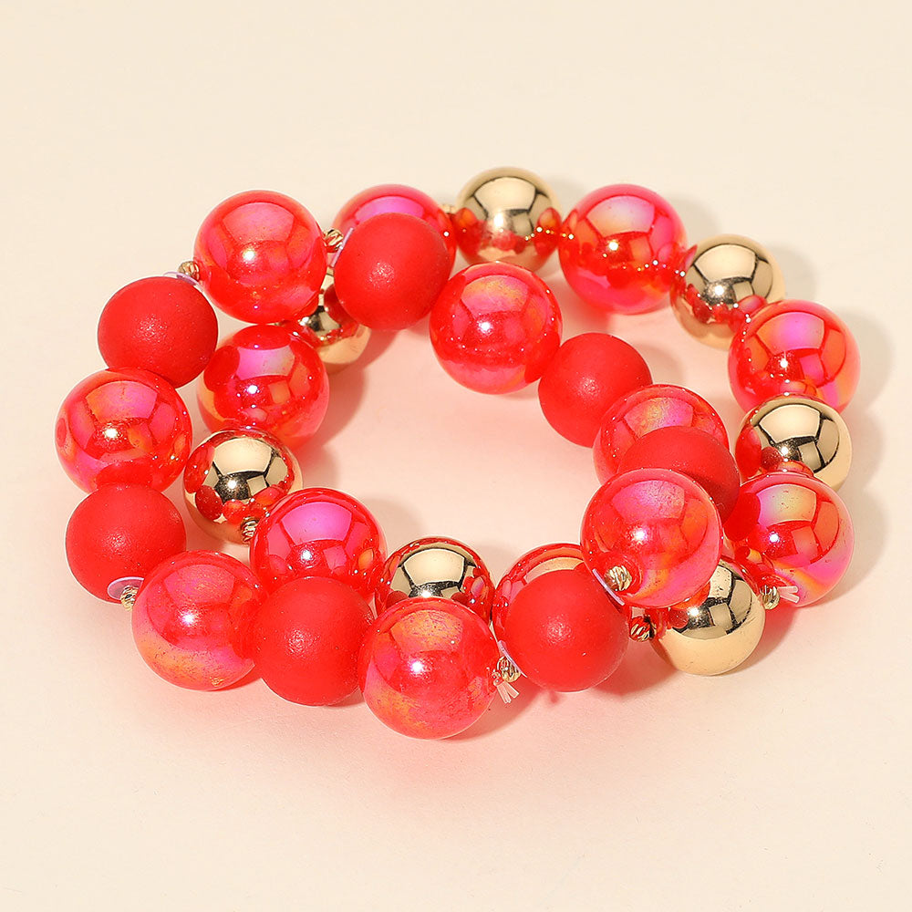 Madeline Love Red 2PCS - Chunky Ball Beaded Stretch Multi Layered Bracelets