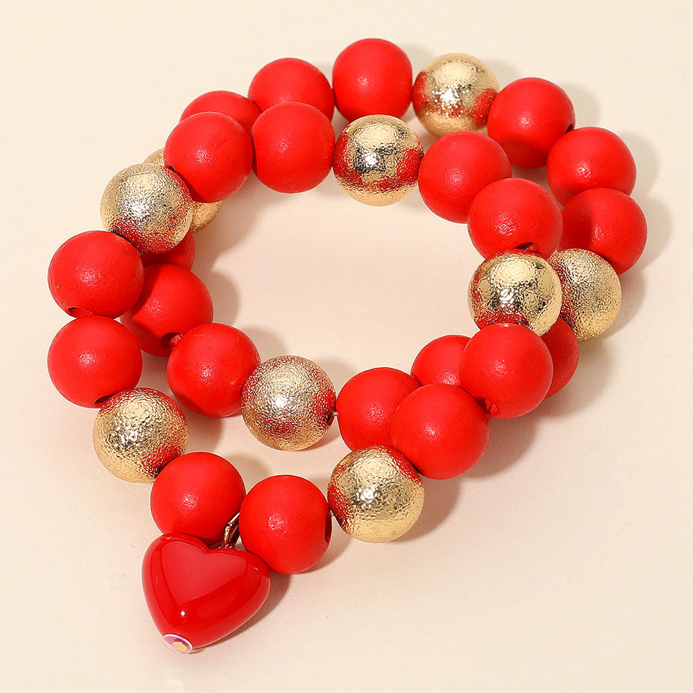 Madeline Love Red 2PCS - Chunky Heart Charm Wooden Metal Ball Beaded Stretch Multi Layered Bracelets