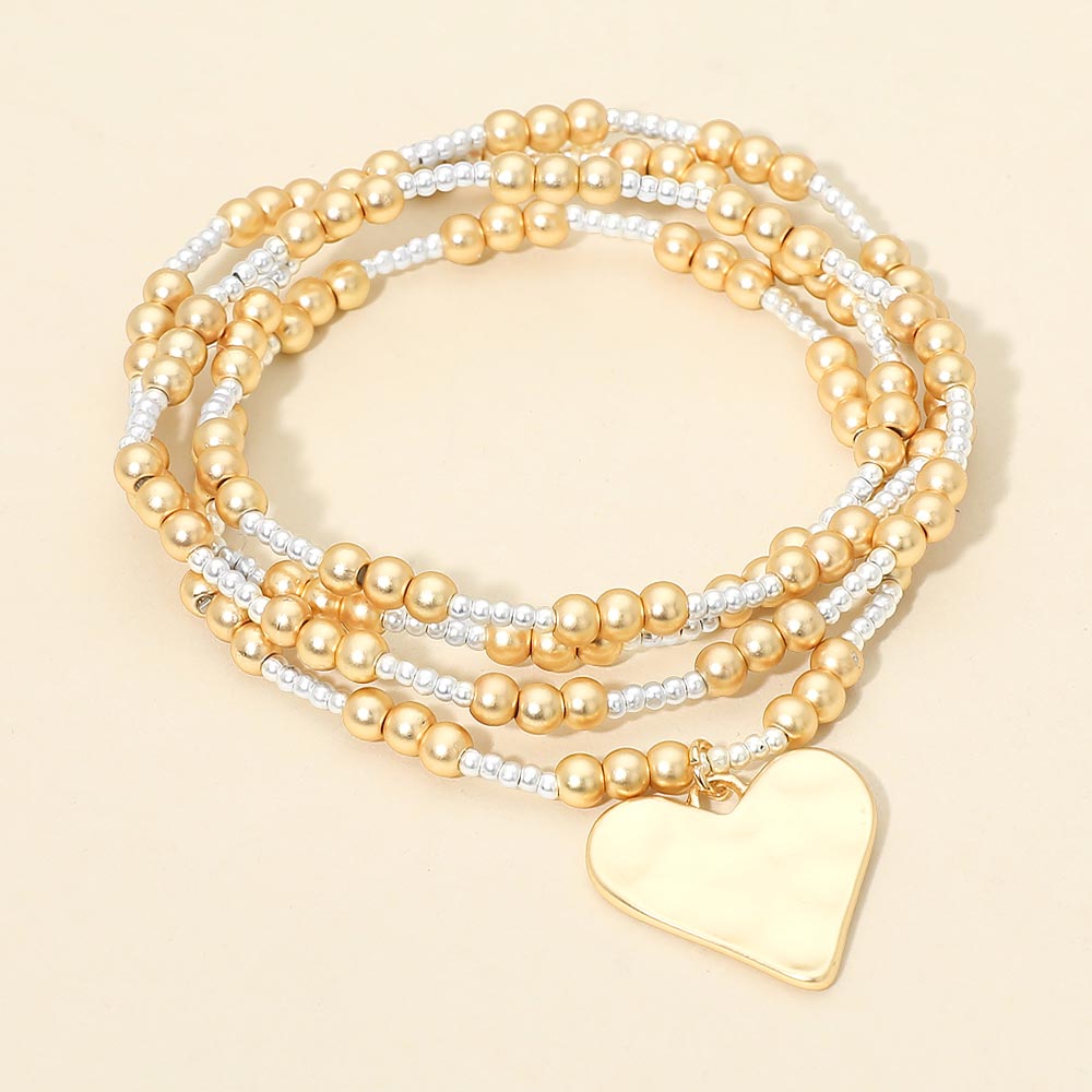 Madeline Love Gold, Silver, Two Tone 4PCS - Brushed Hammered Metal Heart Plate Charm Accent Metal Ball Beaded Stretch Multi Layered Bracelets
