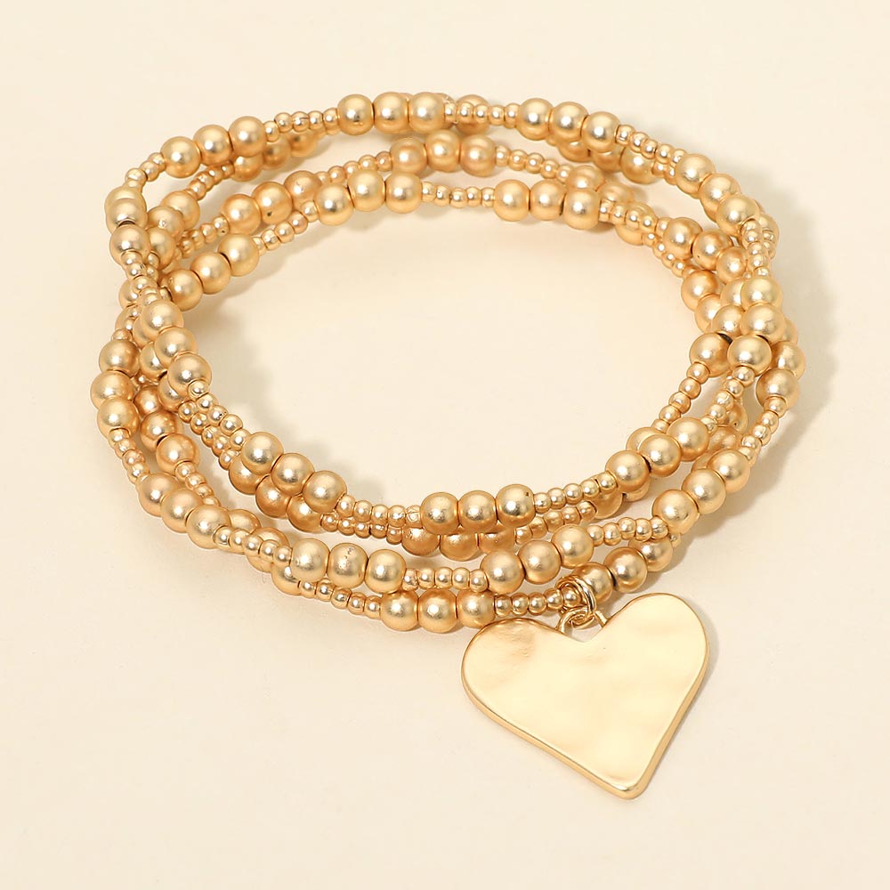 Madeline Love Gold 4PCS - Brushed Hammered Metal Heart Plate Charm Accent Metal Ball Beaded Stretch Multi Layered Bracelets