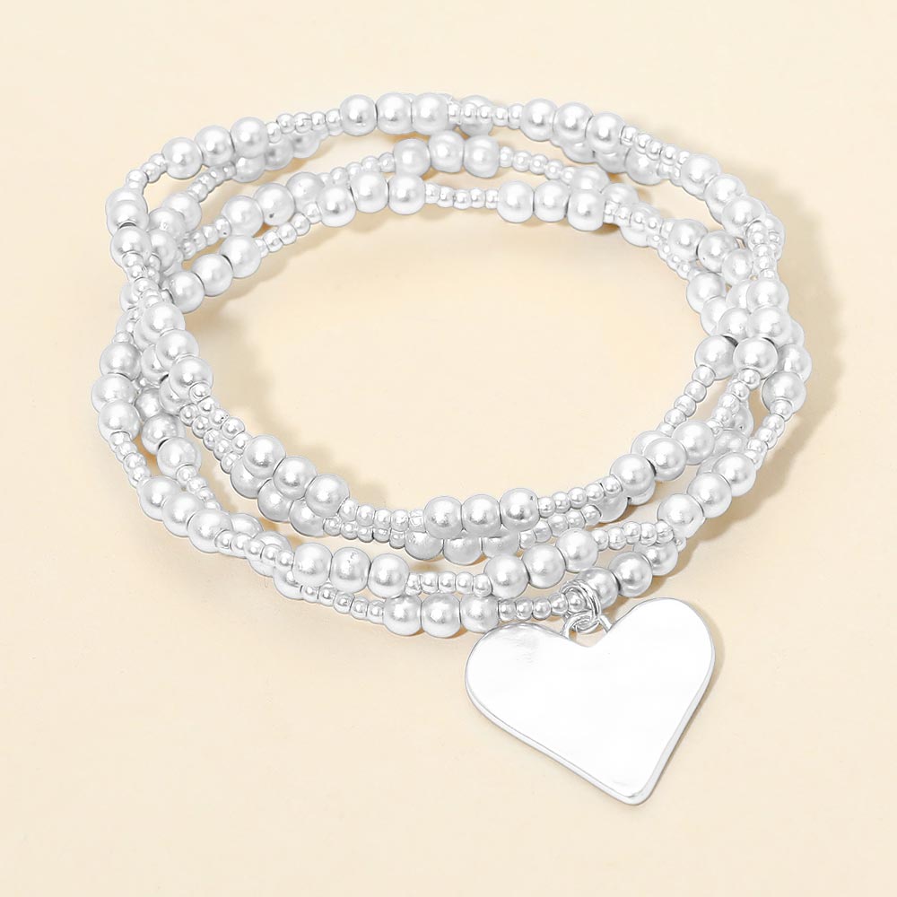 Madeline Love Silver 4PCS - Brushed Hammered Metal Heart Plate Charm Accent Metal Ball Beaded Stretch Multi Layered Bracelets