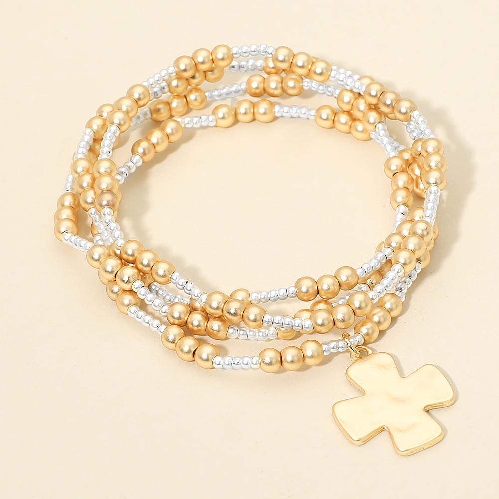 Madeline Love Gold, Silver, Two Tone 4PCS - Brushed Hammered Metal Cross Plate Charm Accent Metal Ball Beaded Stretch Multi Layered Bracelets
