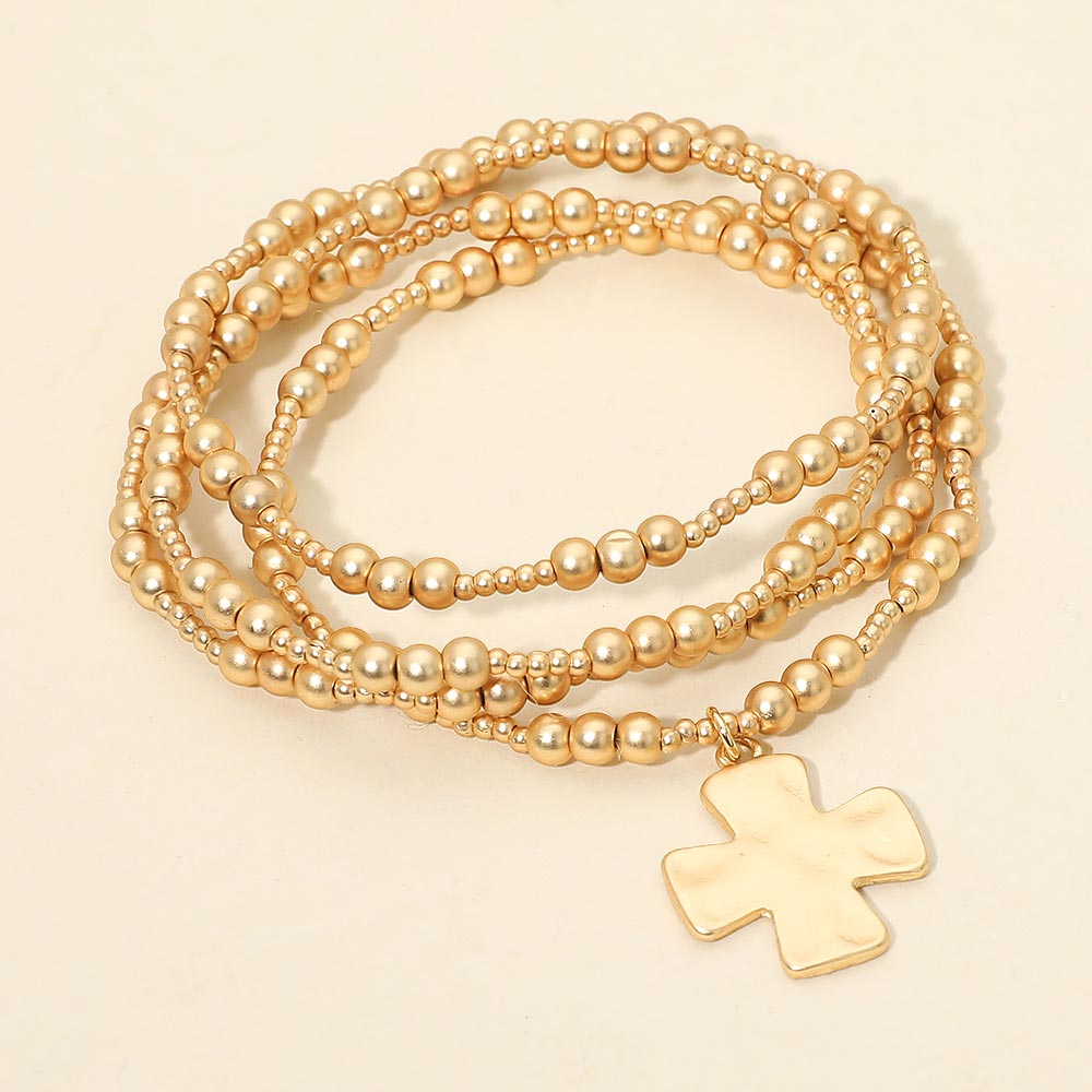 Madeline Love Gold 4PCS - Brushed Hammered Metal Cross Plate Charm Accent Metal Ball Beaded Stretch Multi Layered Bracelets