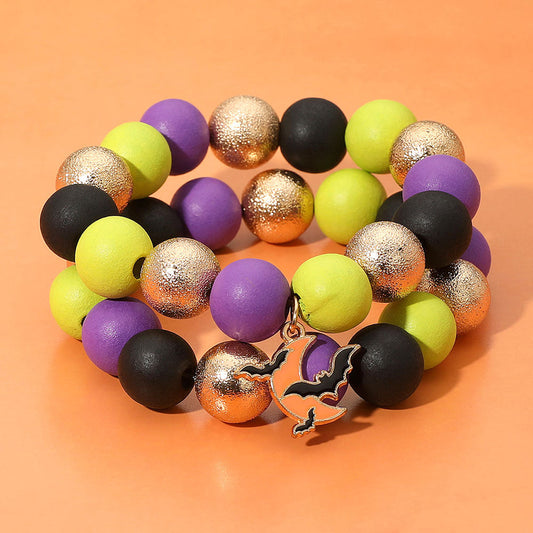 Madeline Love Multi, Purple 2PCS - Chunky Halloween Flying Bat Charm Beaded Stretch Bracelets