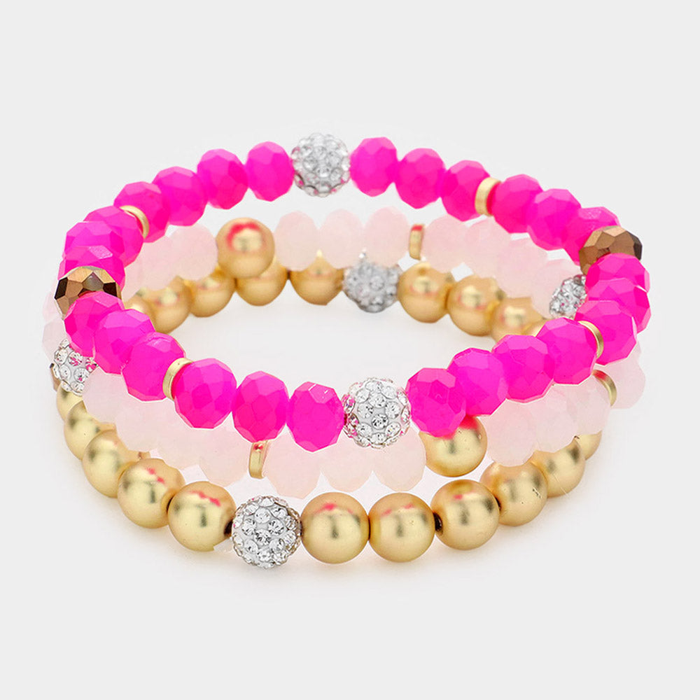 Madeline Love Fuchsia 3PCS - Shamballa Ball Faceted Beaded Stretch Bracelets