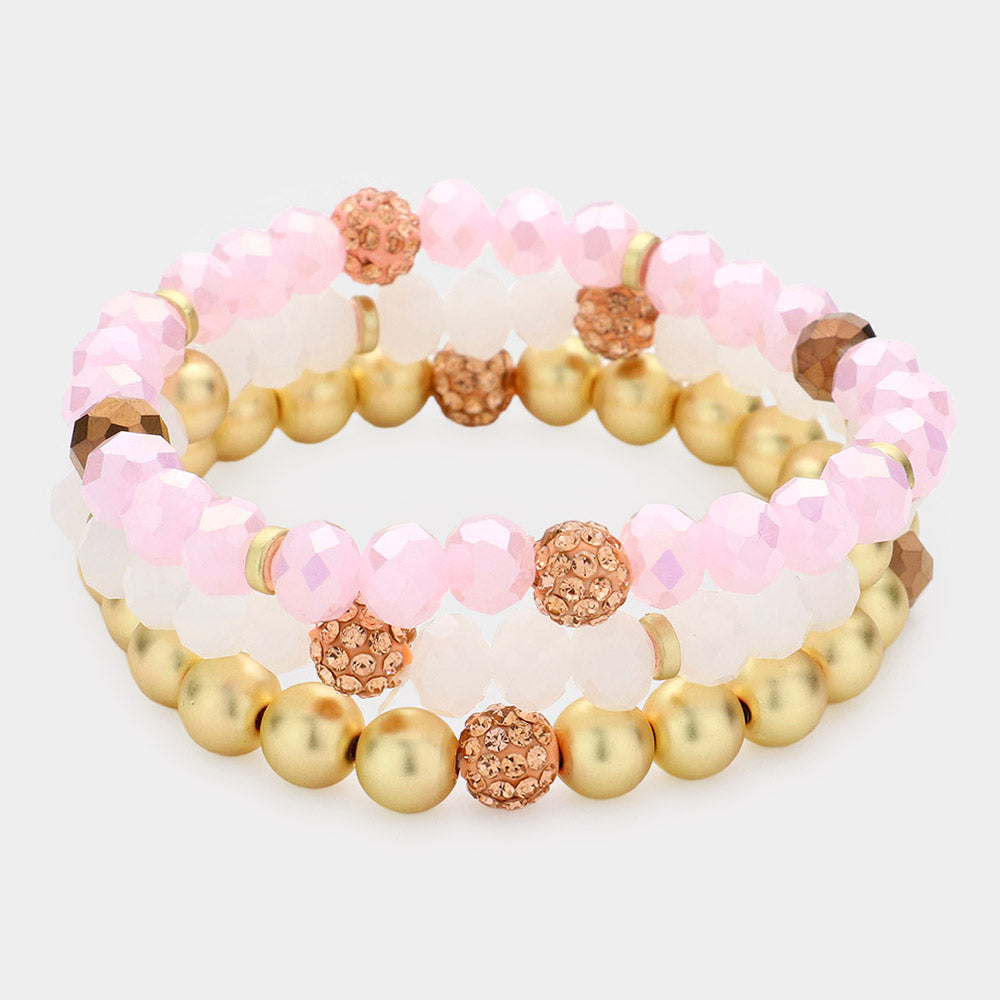 Madeline Love Light, Pink 3PCS - Shamballa Ball Faceted Beaded Stretch Bracelets