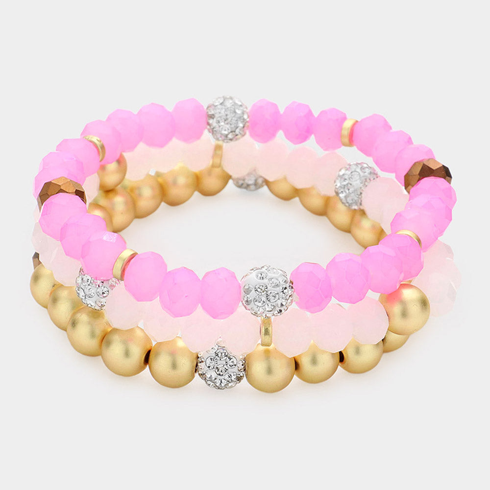Madeline Love Pink 3PCS - Shamballa Ball Faceted Beaded Stretch Bracelets