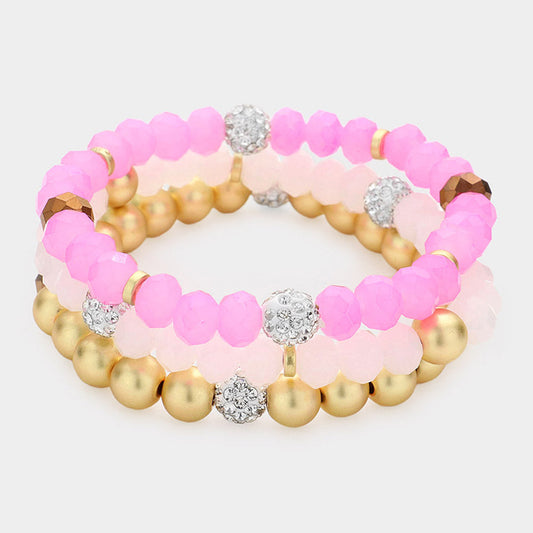 Madeline Love Pink 3PCS - Shamballa Ball Faceted Beaded Stretch Bracelets