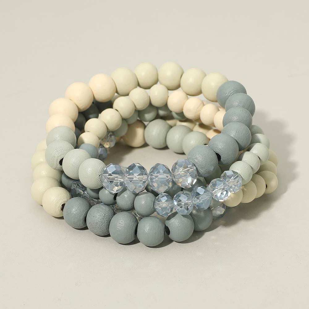 Madeline Love Light Blue 5PCS - Faceted Wooden Beaded Stretch Multi Layered Bracelets