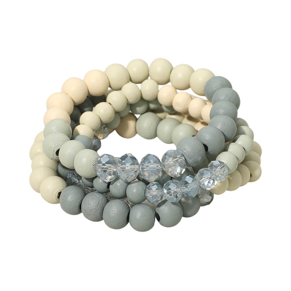 Madeline Love Light Blue 5PCS - Faceted Wooden Beaded Stretch Multi Layered Bracelets - desc