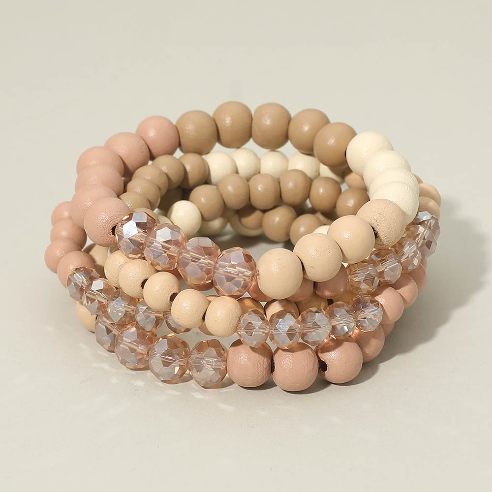 Madeline Love Rose 5PCS - Faceted Wooden Beaded Stretch Multi Layered Bracelets