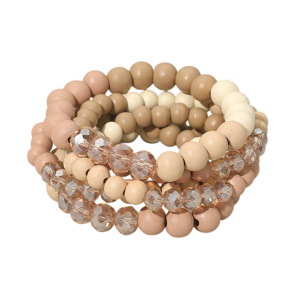 Madeline Love Rose 5PCS - Faceted Wooden Beaded Stretch Multi Layered Bracelets - desc