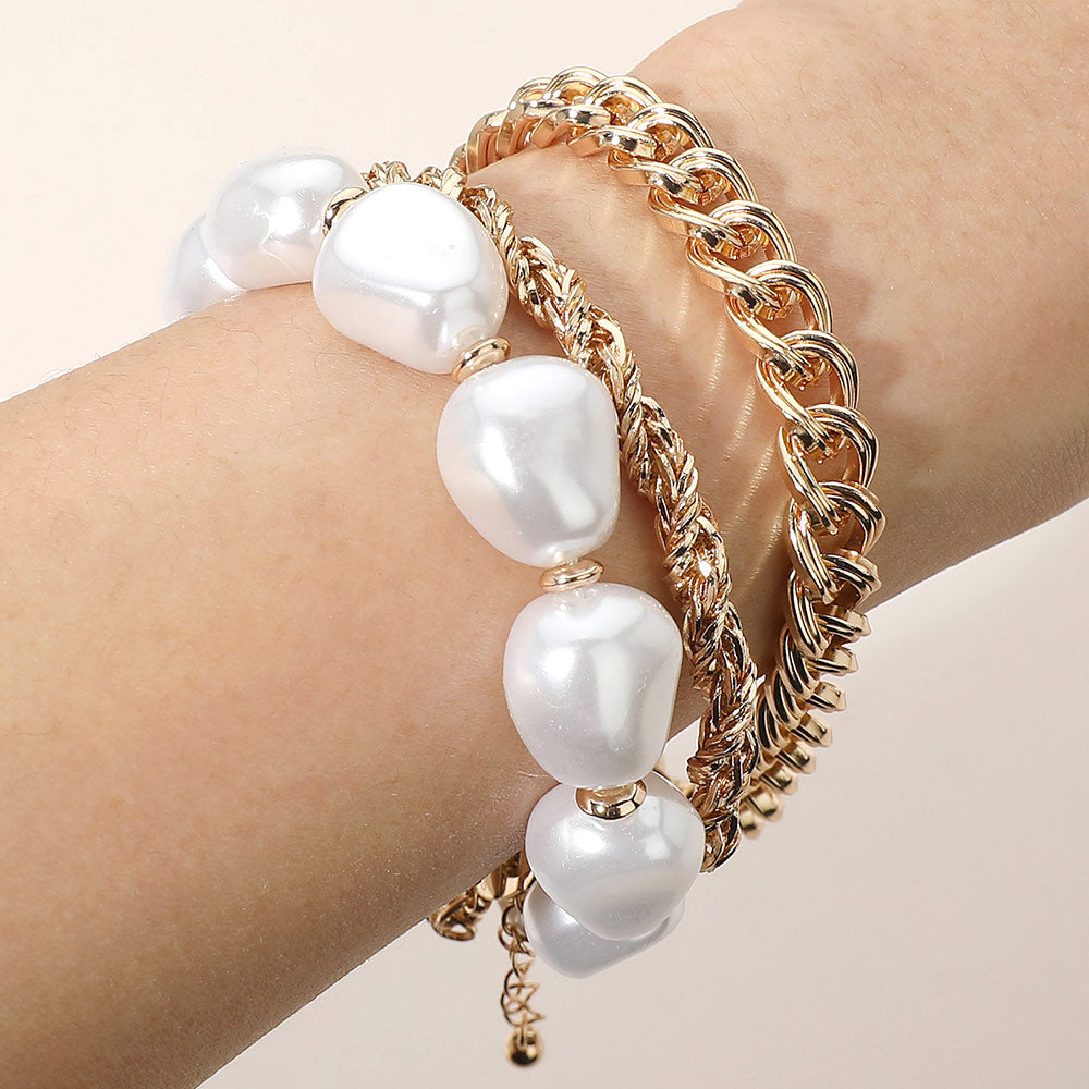 Madeline Love Cream, Gold Bold Chunky Pearl Beaded Chain Multi Layered Bracelets
