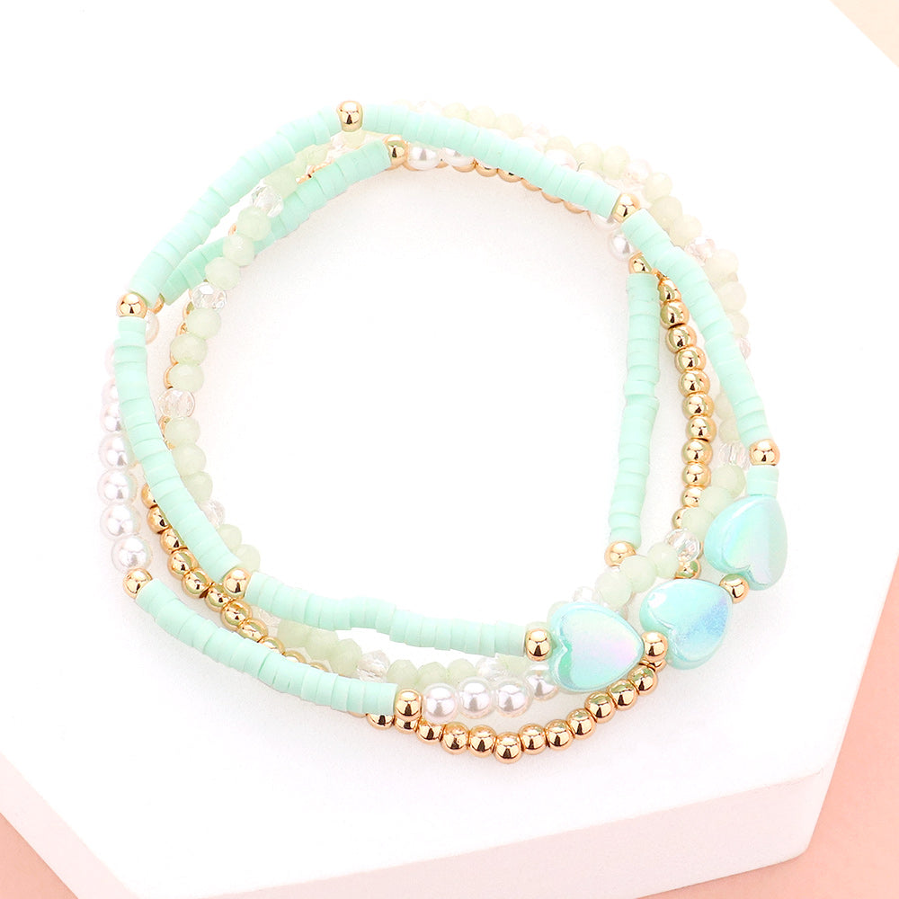 4PCS - Heart Pearl Heishi Beaded Stretch Bracelets - Mint - Bracelets