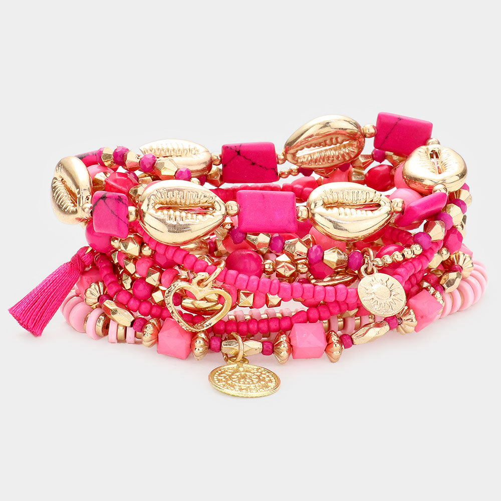 Fuchsia 10PCS - Multi Bead Metal Puka Shell Heart Coin Disc Tassel Charm Layered Bracelets