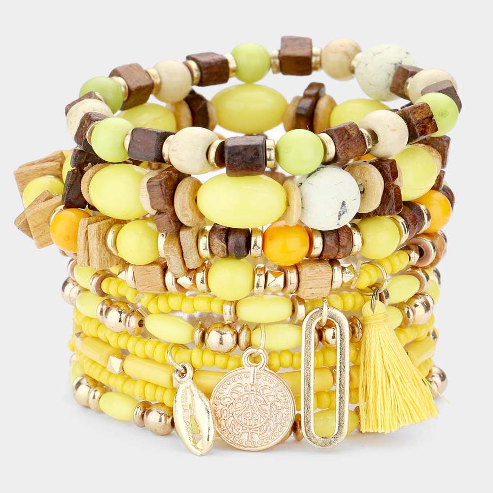 Yellow 10PCS - Puka Shell Coin Tassel Charm Wood Multi Beaded Stretch Bracelets
