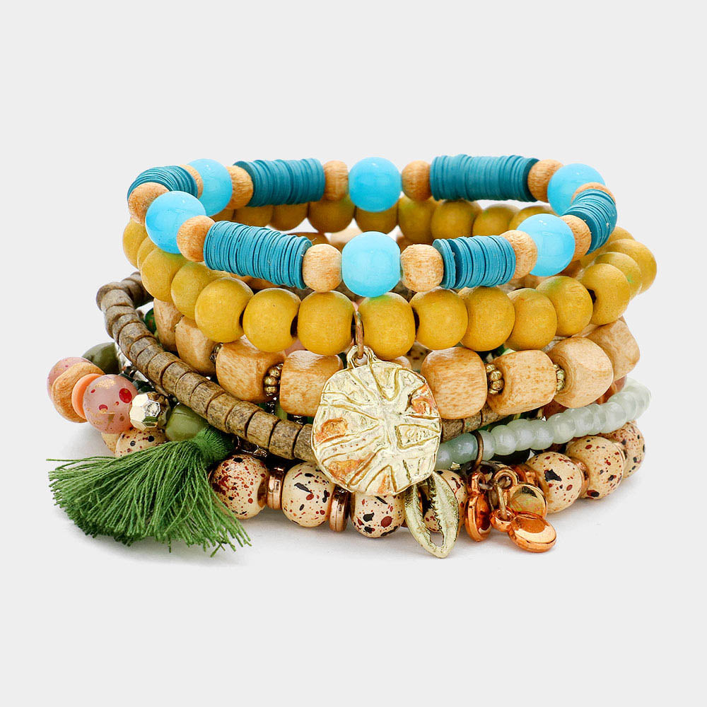 Madeline Love Multi 10PCS - Metal Puka Shell Tassel Charm Wood Heishi Beaded Stretch Bracelets