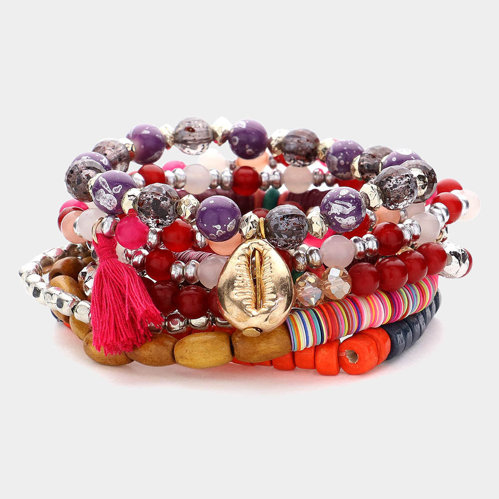 Madeline Love Fuchsia, Multi 10PCS - Puka Shell Flower Tassel Charm Wood Heishi Beaded Stretch Bracelets