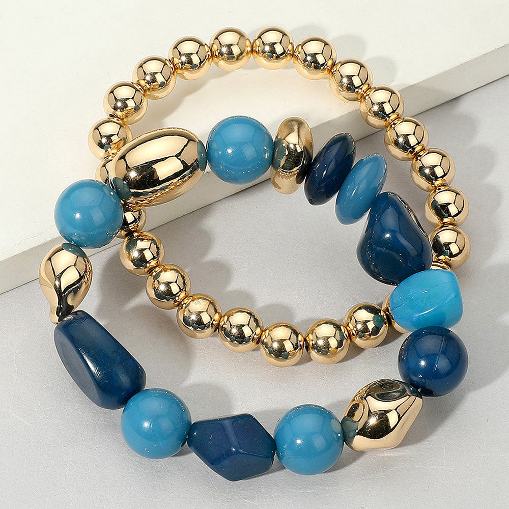 Madeline Love Blue, Gold 2PCS - Colorful Pebble Beaded Stretch Multi Layered Bracelets