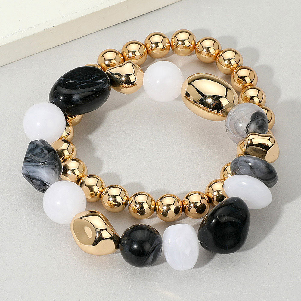 Madeline Love Black, Gold 2PCS - Colorful Pebble Beaded Stretch Multi Layered Bracelets