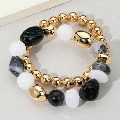 Madeline Love Black, Gold 2PCS - Colorful Pebble Beaded Stretch Multi Layered Bracelets