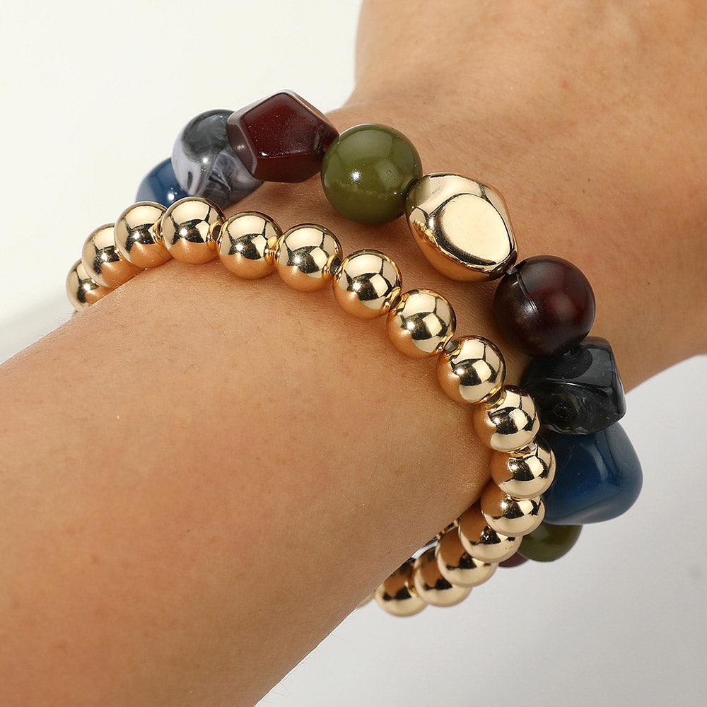 Madeline Love Dark, Gold, Multi 2PCS - Colorful Pebble Beaded Stretch Multi Layered Bracelets