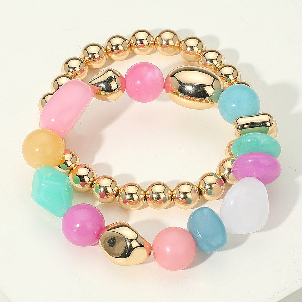 Madeline Love Gold, Light, Multi 2PCS - Colorful Pebble Beaded Stretch Multi Layered Bracelets