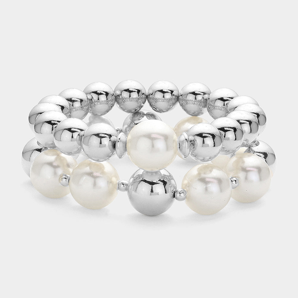 Madeline Love Cream, Rhodium 2PCS - Pearl Pointed Metal Ball Stretch Multi Layered Bracelets