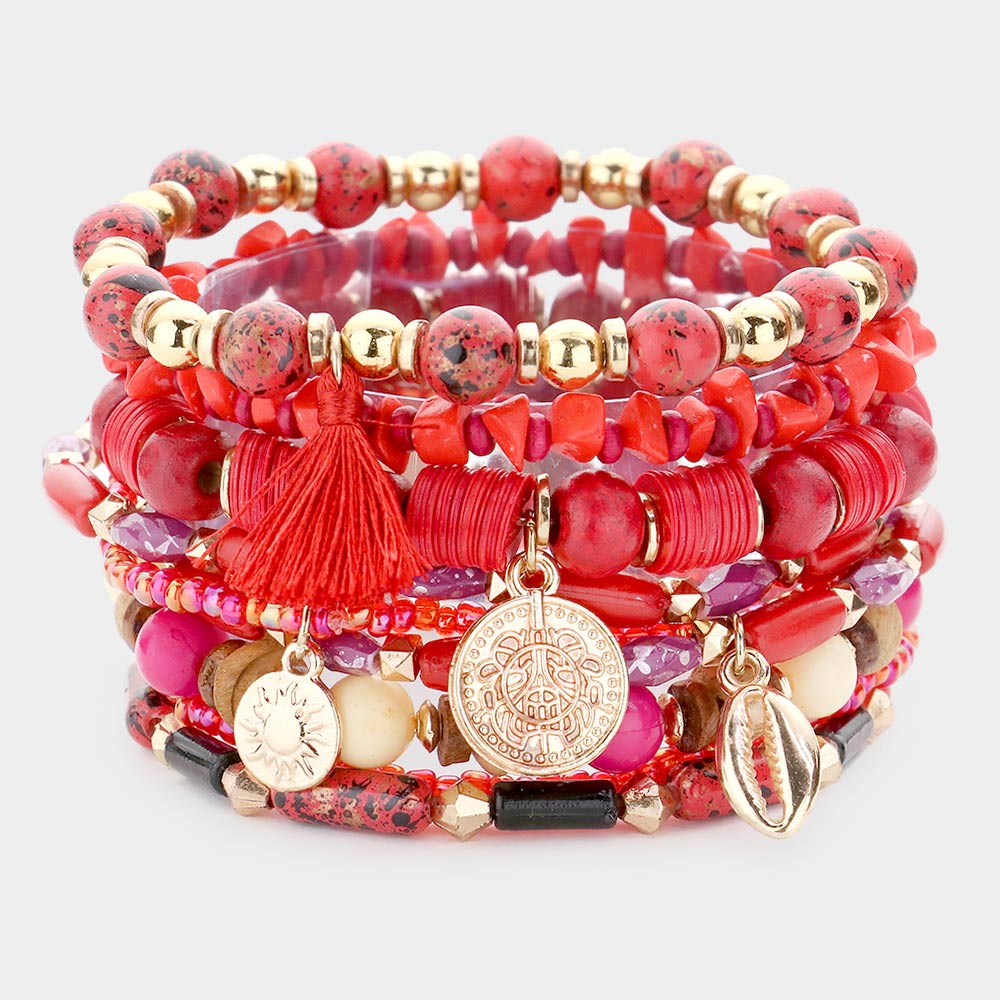 Madeline Love Red 9PCS - Metal Coin Puka Shell Charm Multi Beaded Stretch Bracelets