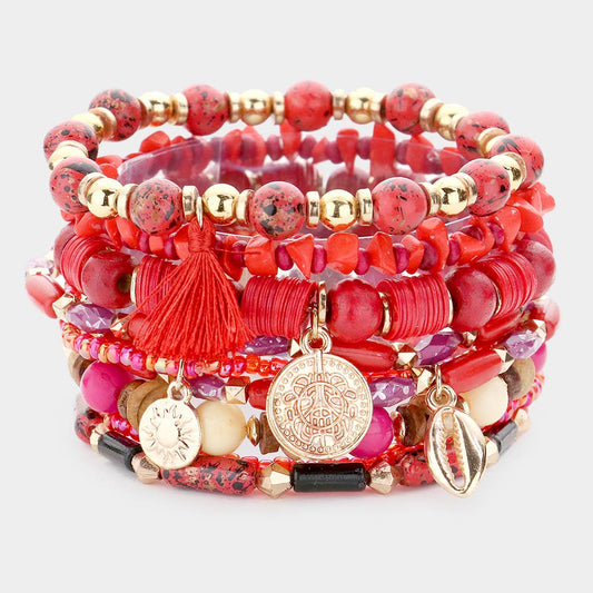 Madeline Love Red 9PCS - Metal Coin Puka Shell Charm Multi Beaded Stretch Bracelets