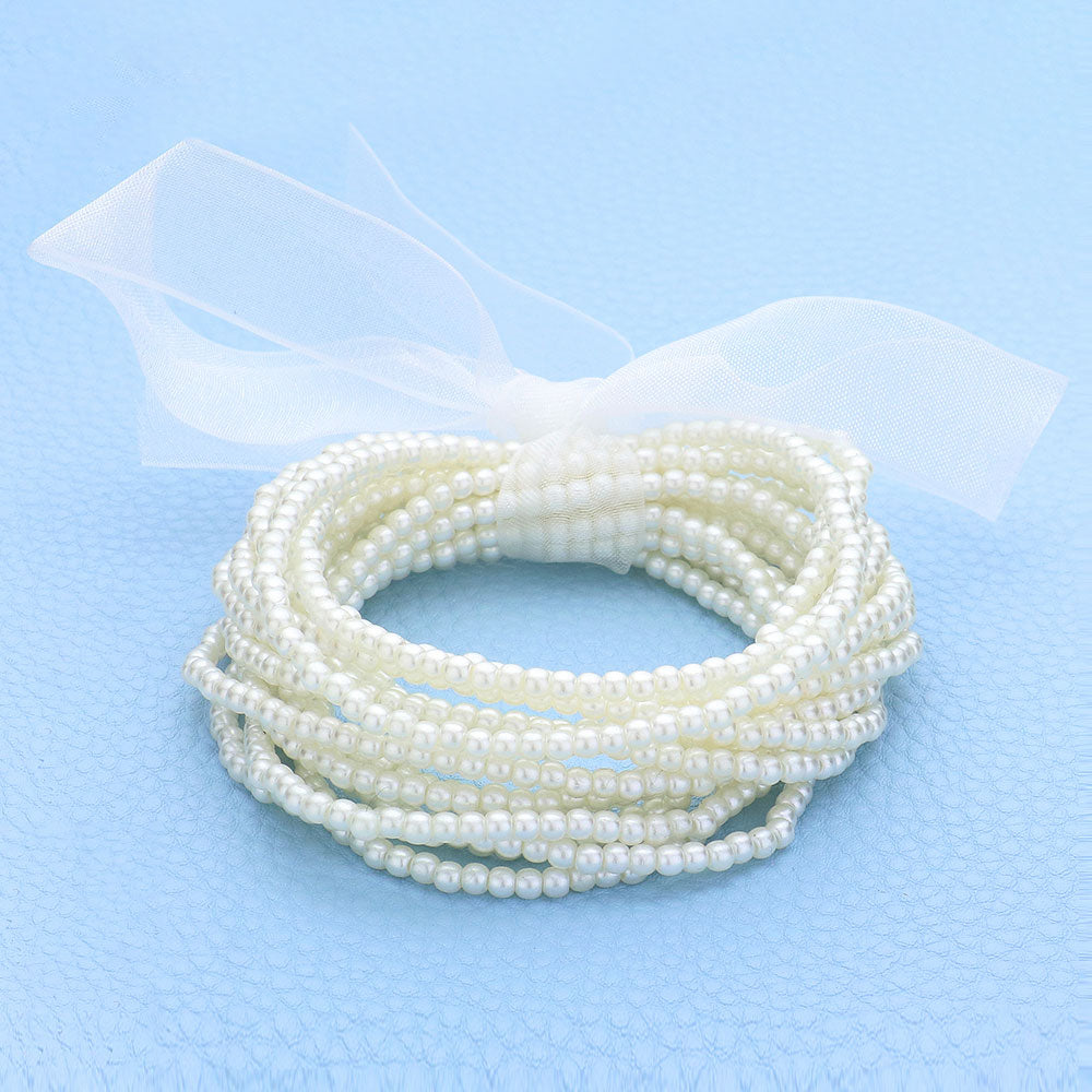 Madeline Love Cream 15PCS - Pearl Beaded Stretch Multi Layered Bracelets