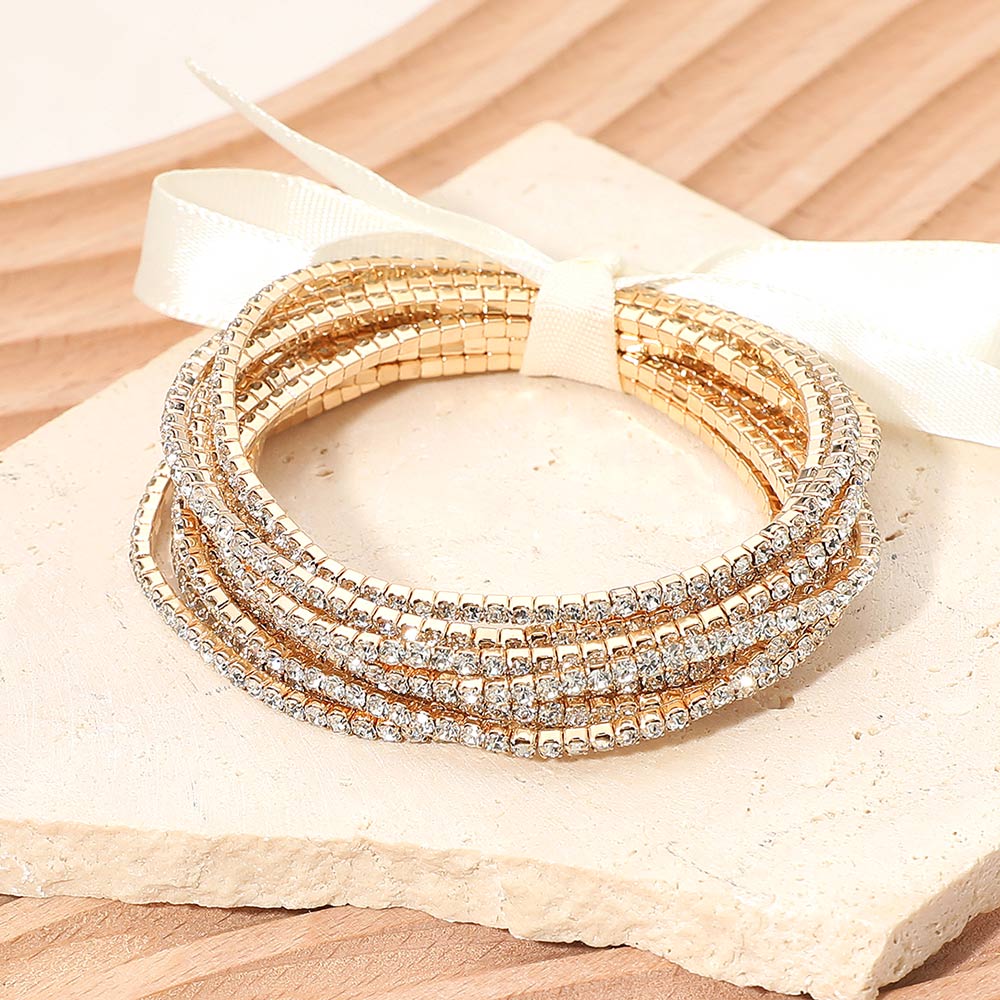 Madeline Love Clear, Gold 12PCS - Ribbon Slim Rhinestone Stretch Multi Layered Bracelet - Bracelets