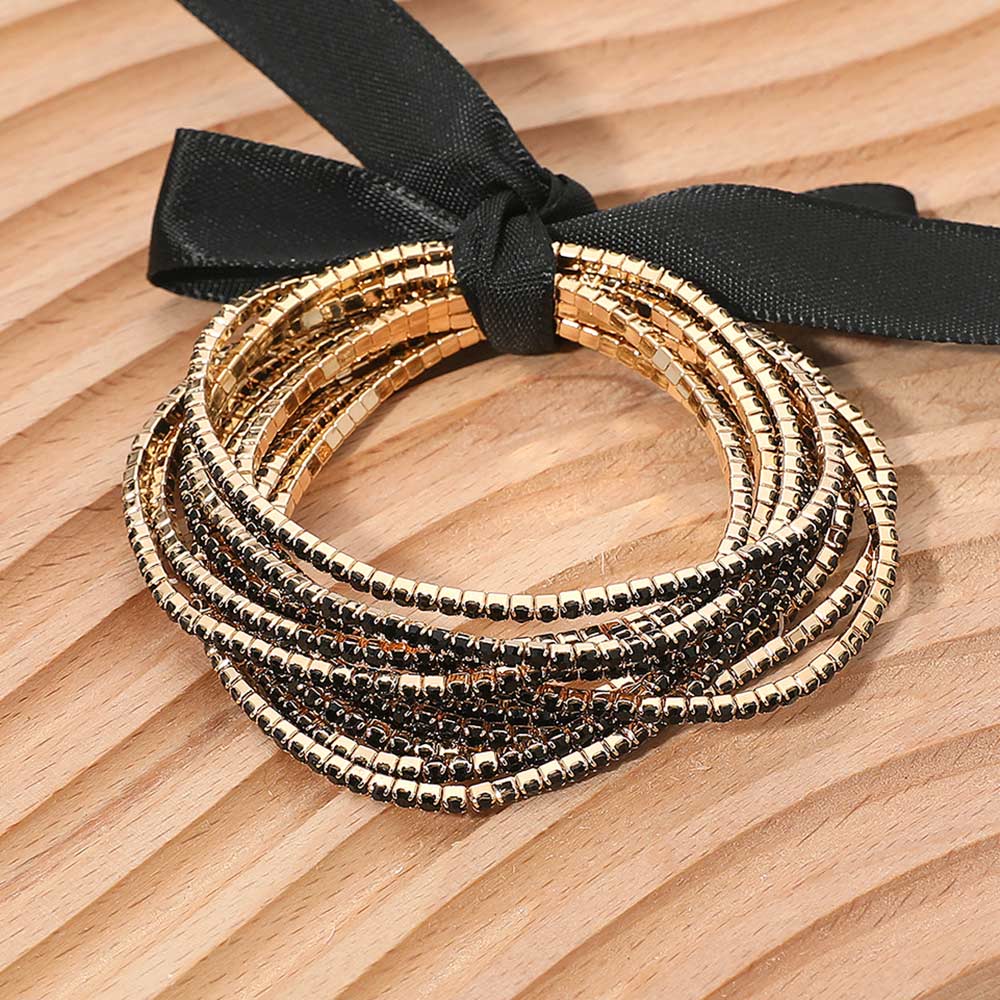 Madeline Love Gold, Jet Black 12PCS - Ribbon Slim Rhinestone Stretch Multi Layered Bracelet - Bracelets