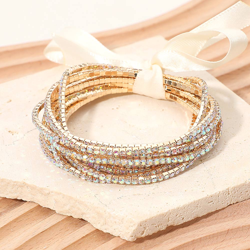 Madeline Love AB, Gold 12PCS - Ribbon Slim Rhinestone Stretch Multi Layered Bracelet - Bracelets