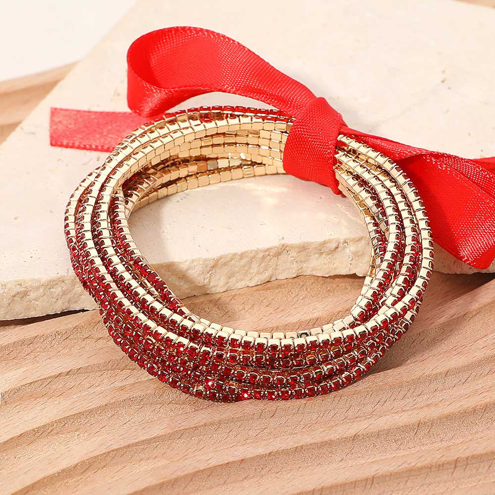 Madeline Love Gold, Red 12PCS - Ribbon Slim Rhinestone Stretch Multi Layered Bracelet - Bracelets