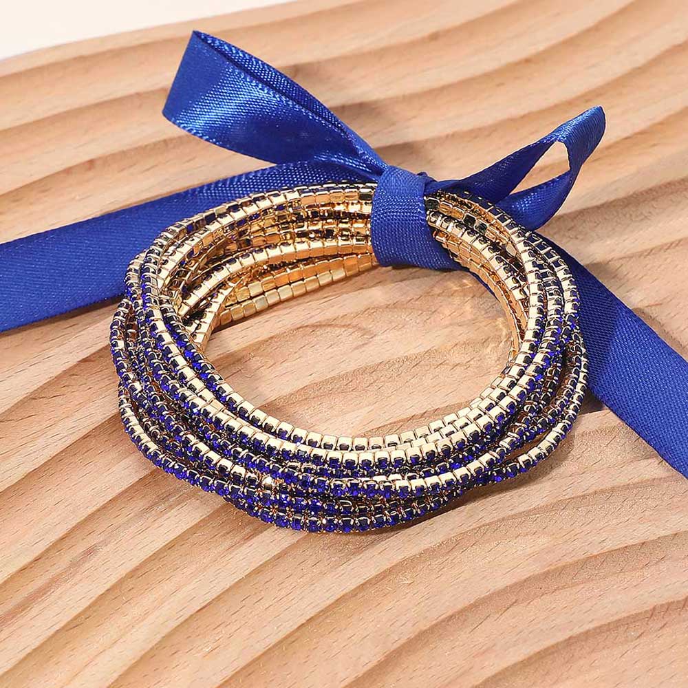 Madeline Love Gold, Sapphire 12PCS - Ribbon Slim Rhinestone Stretch Multi Layered Bracelet - Bracelets