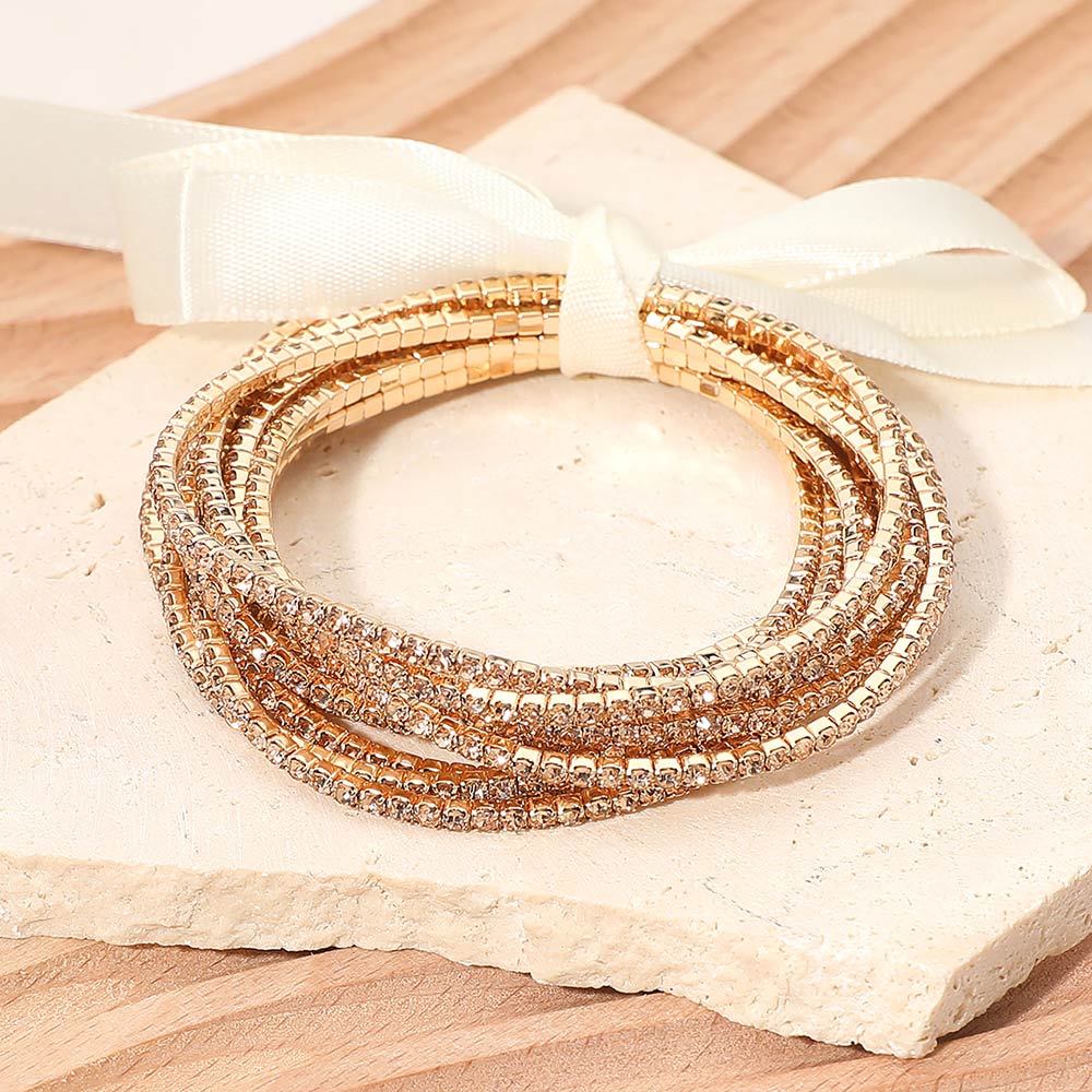 Madeline Love Gold, Lt Col Topaz 12PCS - Ribbon Slim Rhinestone Stretch Multi Layered Bracelet - Bracelets